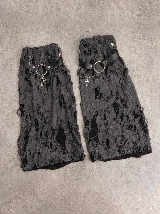 Cross Decorated Distressed Holes Dark Gray Gothic Leg Warmers