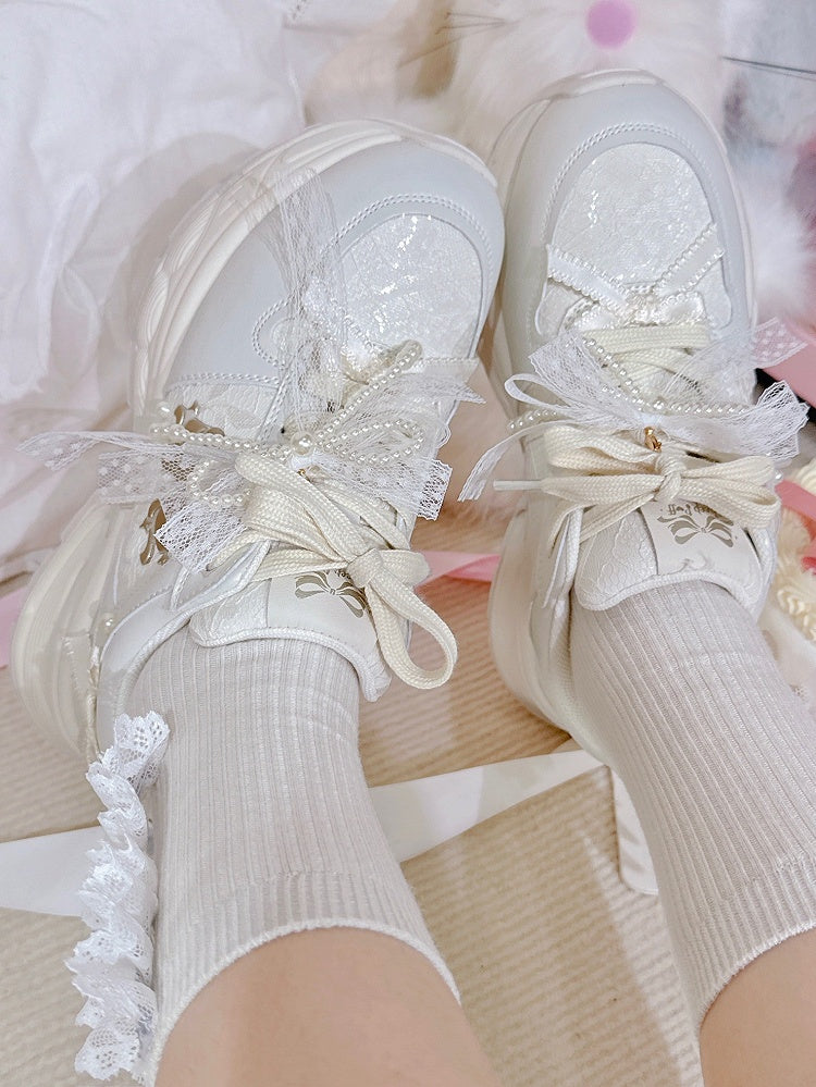White Beaded Decorated Bowknot Details Front Lace-up Ties Sneakers