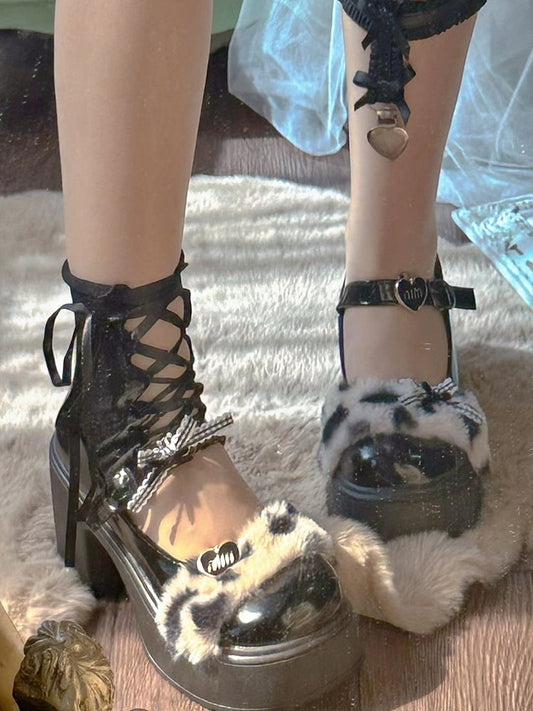 Black Detachable Bowknot and Sweetheart Platform Block Heel Mary Janes