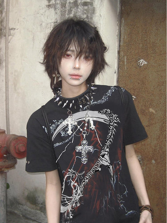 Dark Vintage Black T-Shirt with Grim Reaper Print