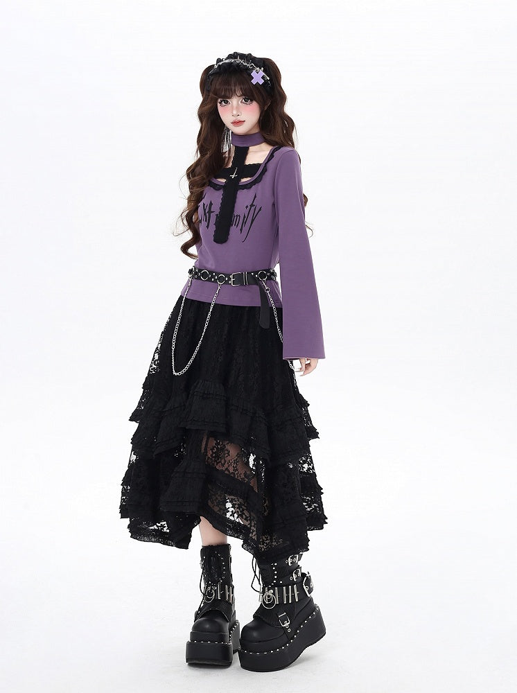 Black/Purple Bell Sleeves Cross Design Gothic Top and Choker All-in-one