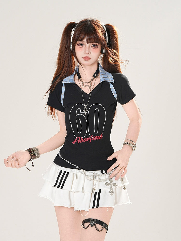 Plaid Polo Collar Number Print Black/Navy Blue Slim-fitting T-shirt