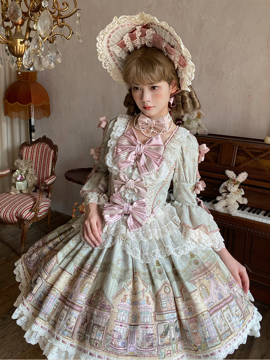 Fairytale Town Theme Green Square Neckline Sweet Lolita Dress with Bow Accents