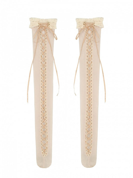 Apricot Lace-up Detail Overknee Stockings