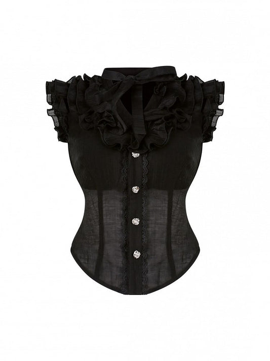 Black Semi-Sheer V-Neck Blouse with Tiered Flutter Sleeves