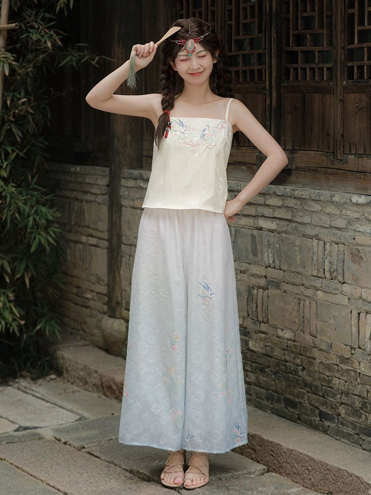 Floral and Bird Embroidery Apricot Cami Top