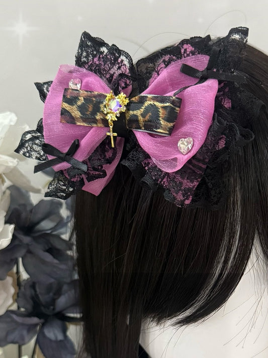 Rose Red Leopard Pattern Rhinestone Heart Decorated Lace Trim Bowknot Hairclip