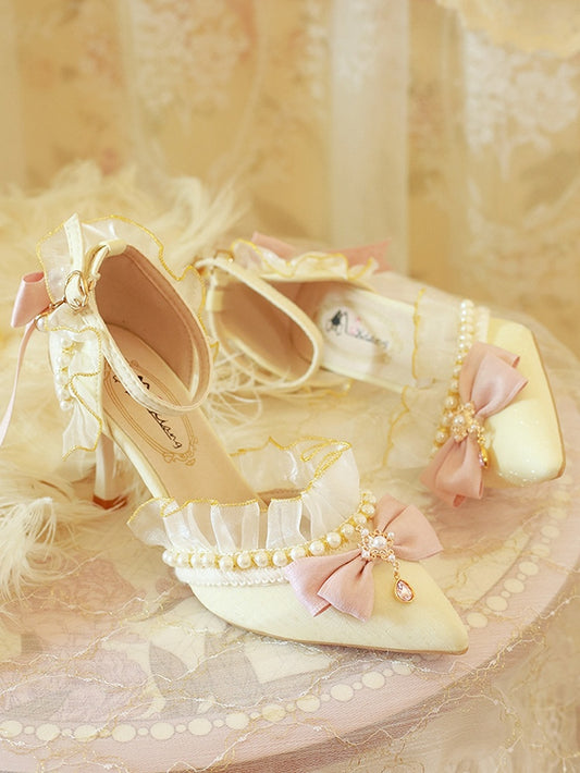 Beige Bow Accent Bead Decorated Pointed Toe Hime Lolita 5CM/8CM Heels