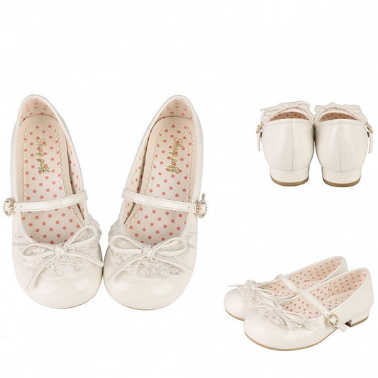 White Knotted Bow Accent Lace Trim 2.2CM Heels Round Toe Mary Janes