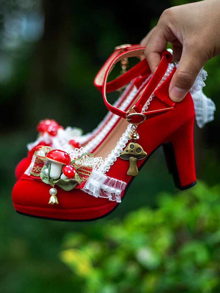 Red Bow Accent Bead and Mushroom 5CM Sweet Lolita Block Heels