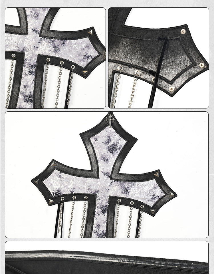 Y3K Fashion Futuristic Black & Silver Sequins and Chains Decorated Cross Strapless Cyberpunk Top