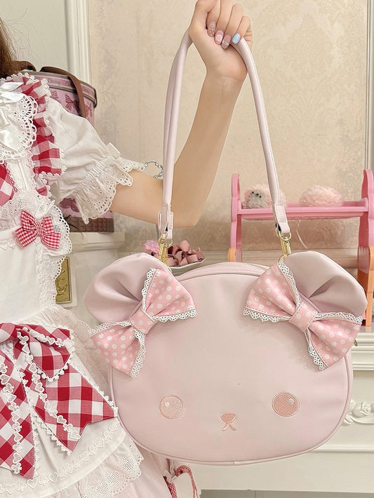Pink Polka-dot Pattern Bowknot Details Bear Tote Bag