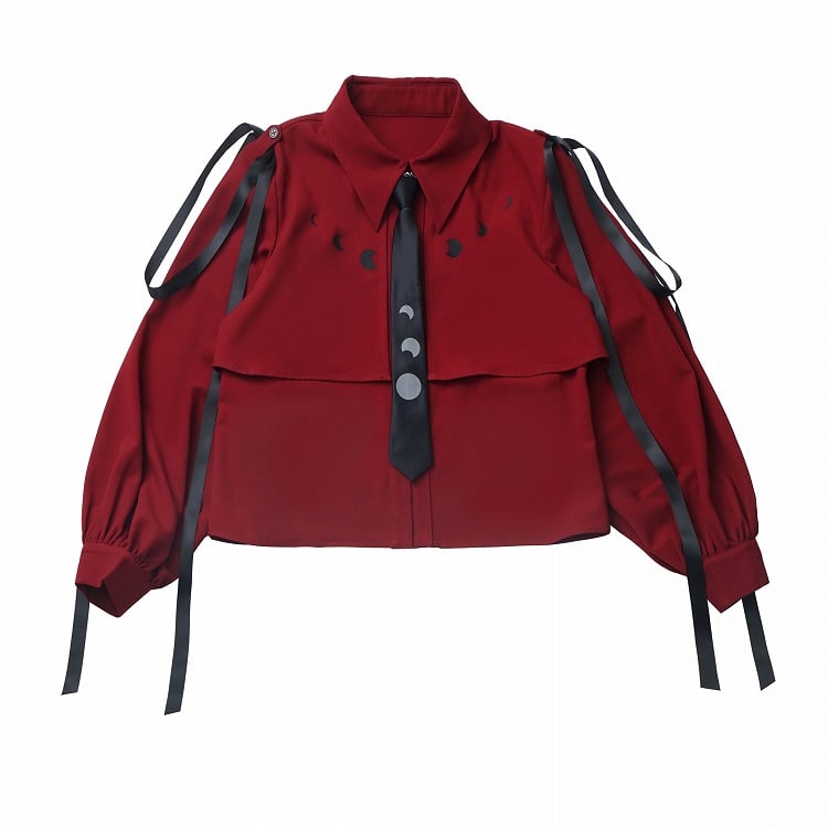 Wine Red/White Ribbon Moon Print Shirt With A Tie