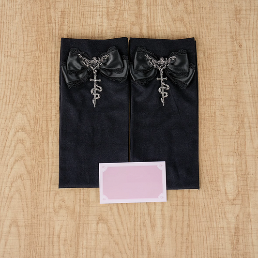 Gothic Black Metal Snake Bowknot Accents Jirai Kei Over Knee Stockings Regular/Long Version