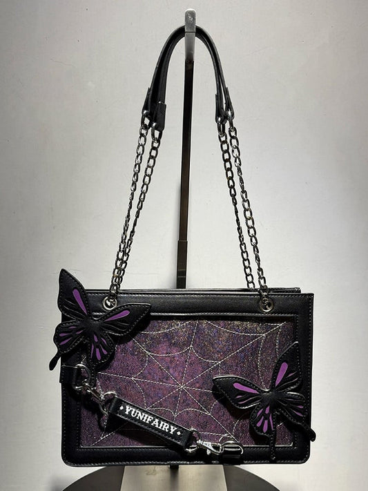 Purple Ita Shoulder Bag with Gold Butterfly and Spiderweb Details – Small Capacity