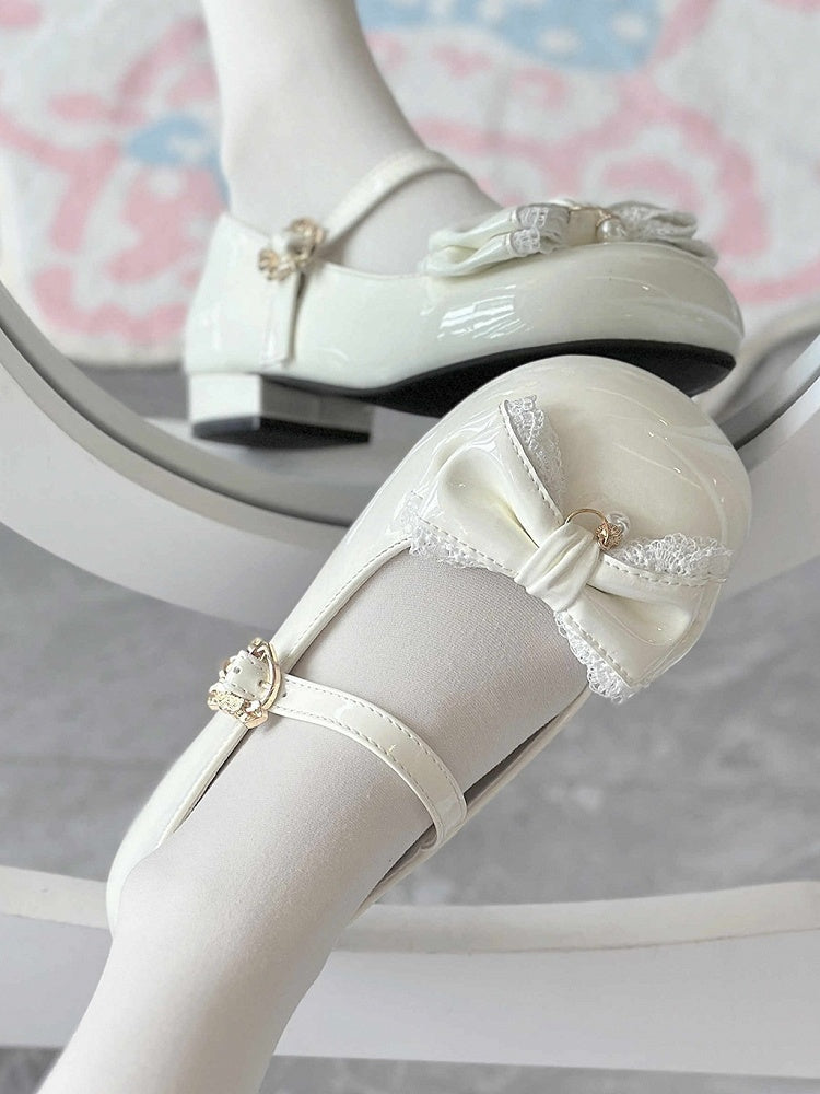White Lace Trim and Bead Charm Decorated Bowknot Sweet Lolita Mary Janes