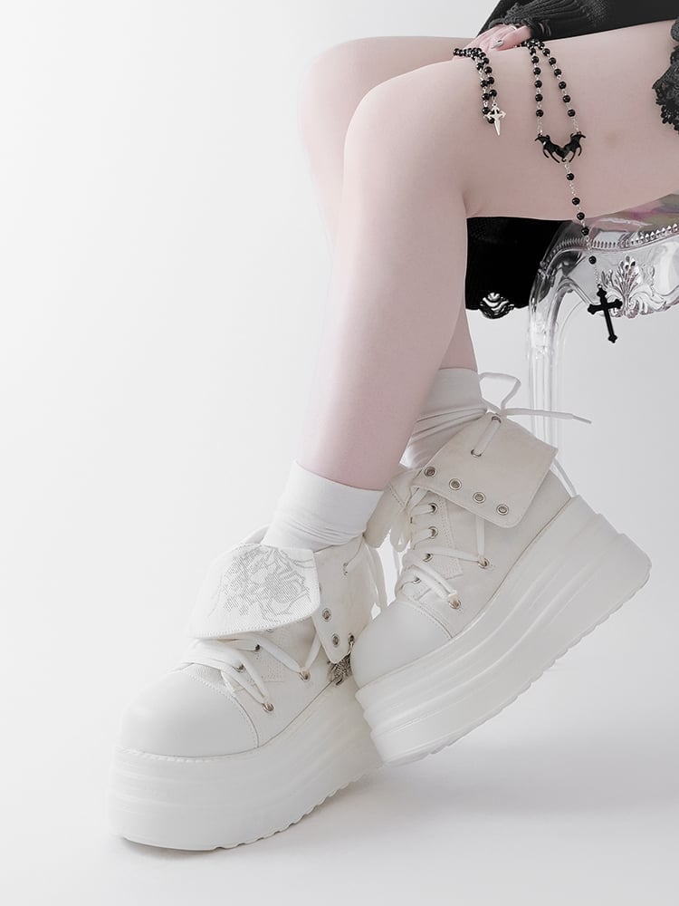 White Punk Spider Print Platform Sneakers