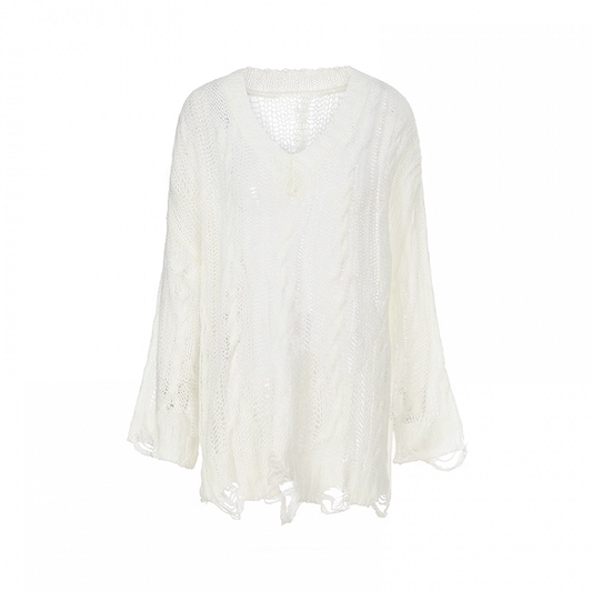 White V-neck Distressed Holes Hollow-out Coverup