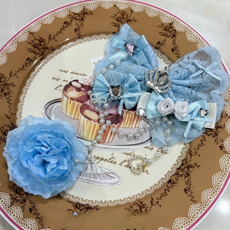 Two Blue Floral Design Rhinestone Heart And Crown Decorated Bead Chain Hairclips