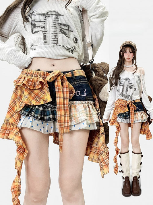 Blue Y2K Plaid And Polka-dot Pattern Shorts + Orange Plaid Pattern Letter Print Accessory