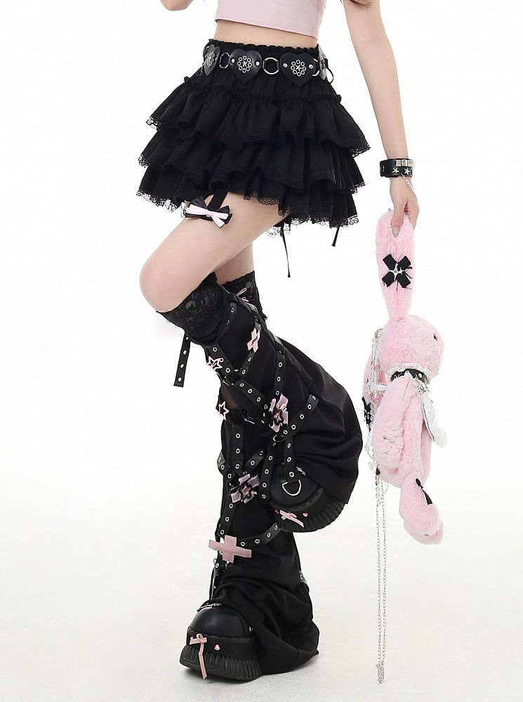 Y2K Red/Pink/Black Lace Trim Glamorous Tiered Skirt with Detachable Bowknot