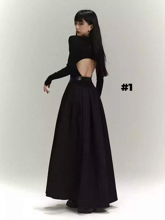 Gothic Black Backless/Covered-Back Round Neck Slim-fitting Dress