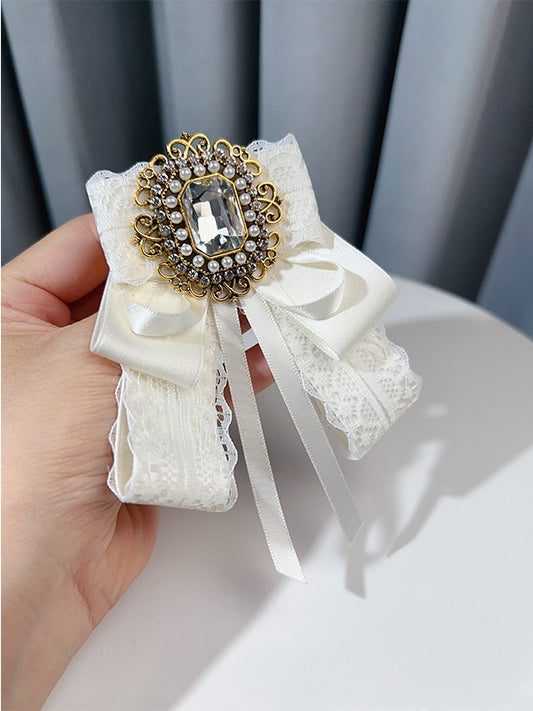 Black/White Rhinestone And Beaded Decorated Bow Tie