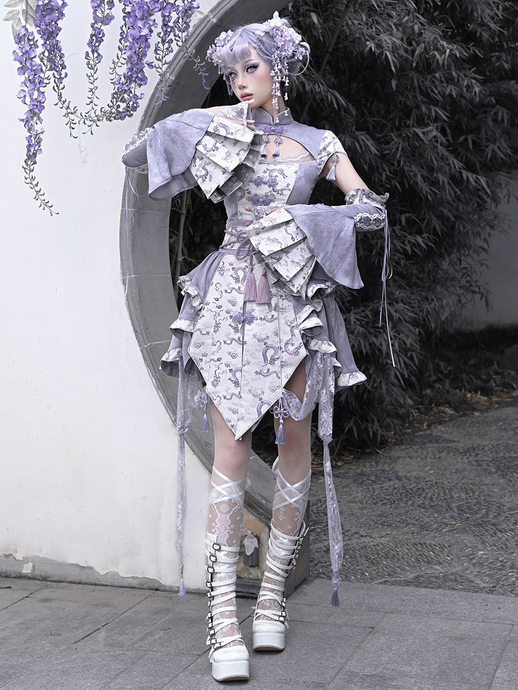 Purple Cheongsam Collar Short Sleeves Top Tassel Charm Decorated