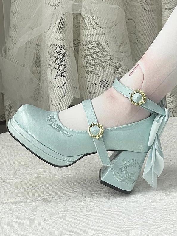 Light Blue Detachable Bowknot Lily of the Valley Embroidery Middle Heels Mary Janes