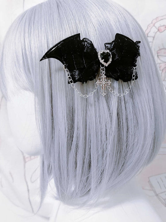 Gothic Demon Wings White/Black Rhinestoned Cross Charm Jirai Kei Bowknot Hairclips