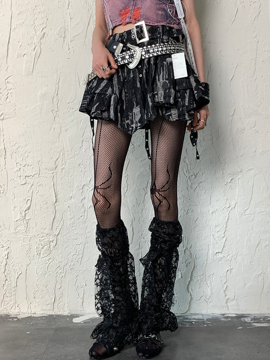 Black Y2K Star Pattern Self-tie Strap Lace Trim Leg Sleeves