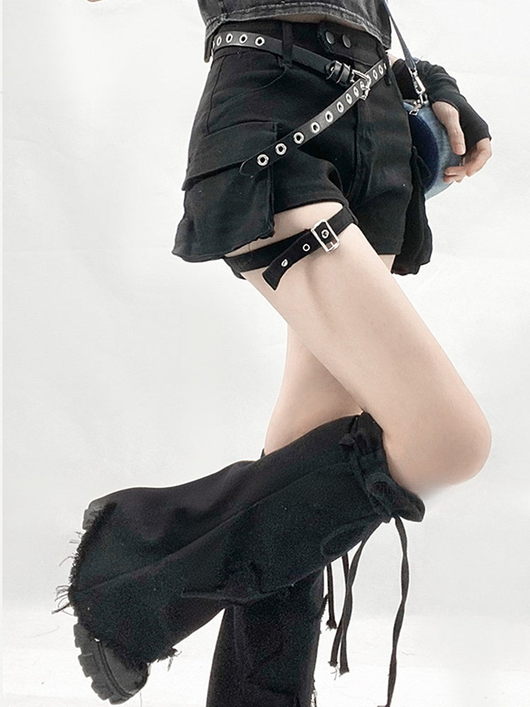 Black Cargo Pocket Denim Shorts + Star Design Flared Denim Leg Warmers