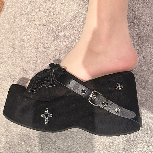 Y2K Skeleton Hand Embroidered Letters Punk Platform Slippers