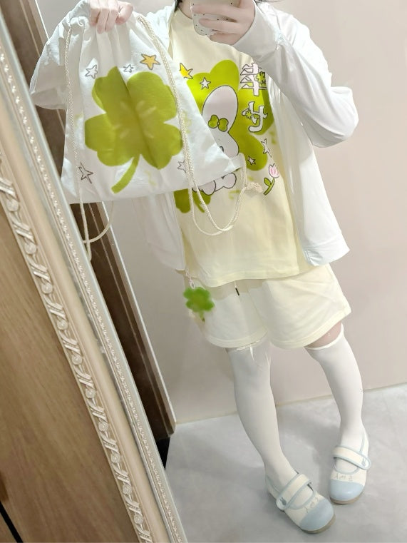 Lucky Four Leaf Clover and Bunny Print Drawstring Top White Canvas Backpack with Free Charm