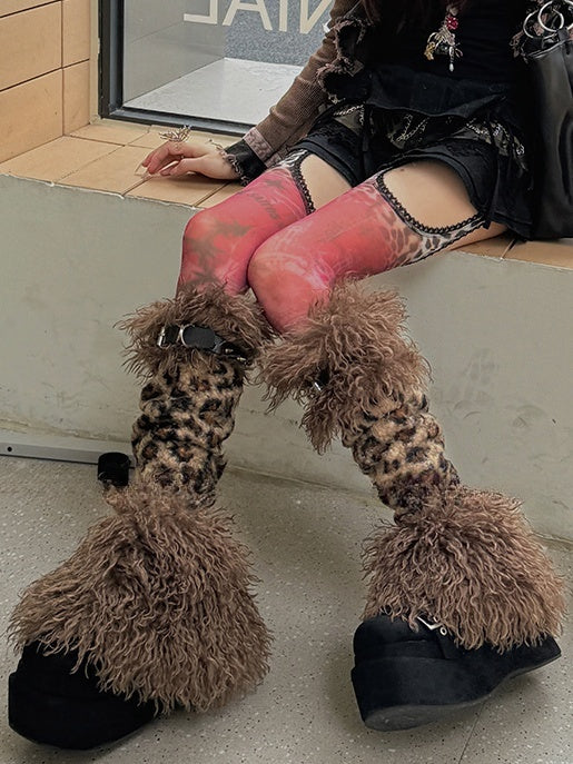 Brown Leopard Stud Buckle Straps Shaggy Leg Warmers
