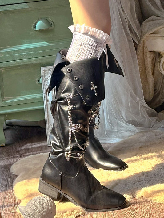 Gothic Skeleton Hands and Crosses Punk Chunky Heel Boots with Chains