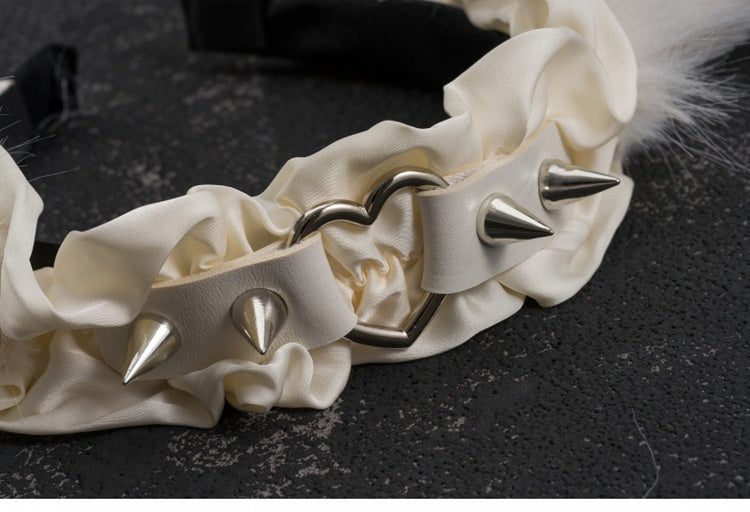 White Handmade Studs Detail Plush Bunny Ear Ruffled KC