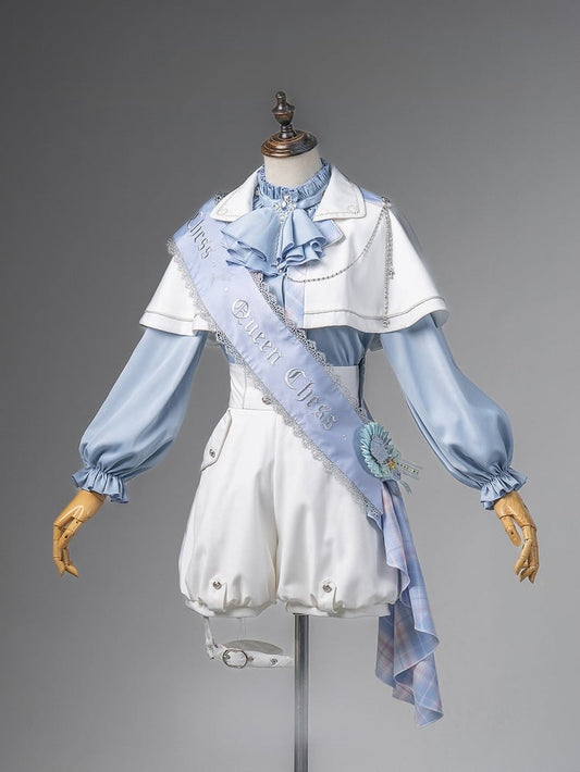 Blue and White Prince Ouji Lolita Outfit - Blue Shirt + White Cape + White High Waist Shorts