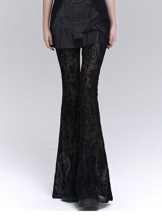 Gothic Black Lace Rosette Flared Pants