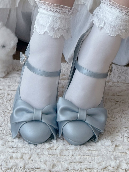 PU Blue Elegant Lolita Heels - Crystal Heart Buckle with Bow Accents