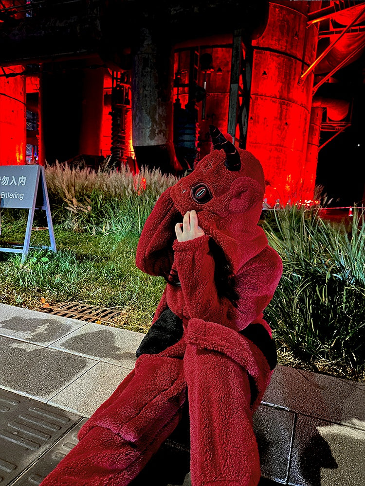 Red Devil Gothic Winter Plush Pajama Set Nightgown with Pants