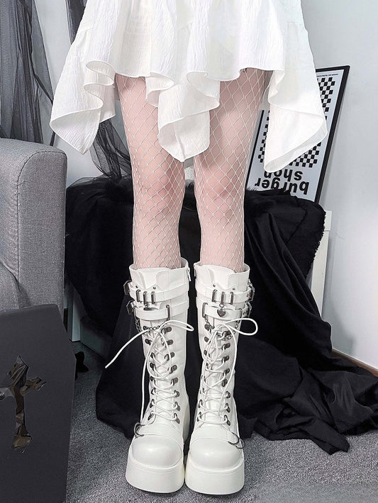 Knee High Punk Matte White Platform Boots