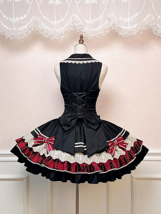 Preppy Style Black & Red Plaid Notched Collar Lolita Dress with Lace Trim and Bow Accents