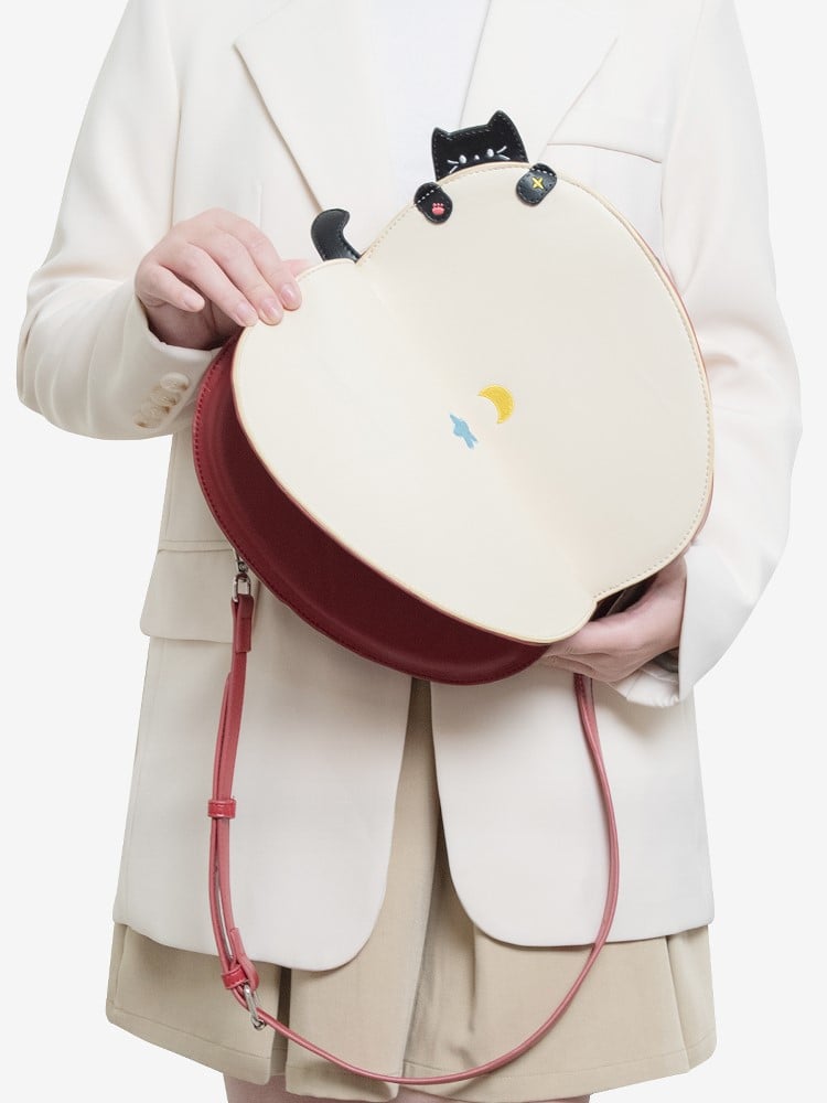 Playful 2-Way Red Apple Flip Backpack With Moon & Star Core And Cat Embroidery