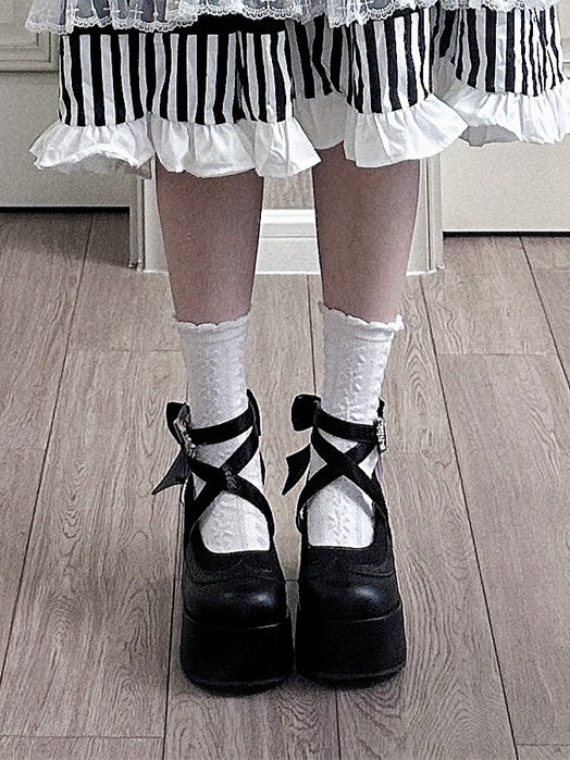 Crisscross Straps Bow Accents Black Gothic Punk Platforms