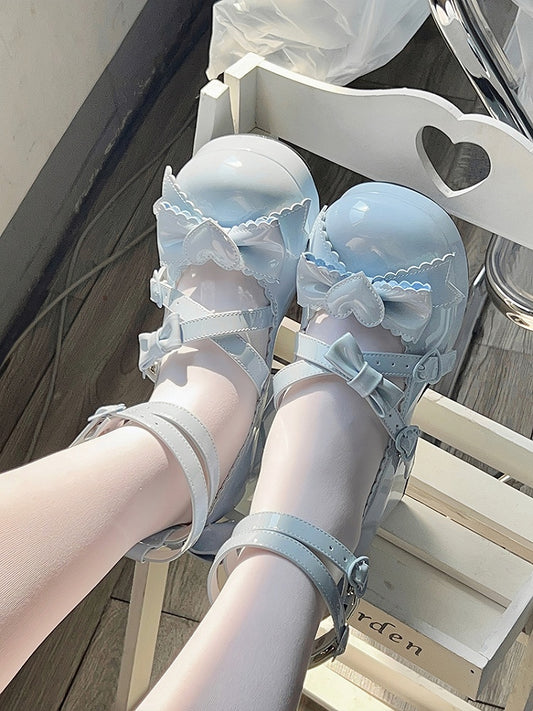 Blue Sweetheart and Bow Accents Sweet Lolita Platform High Block Heels
