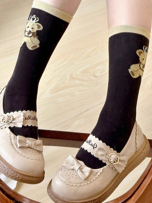 Brown Teddy Bear Print Lolita Calf Socks