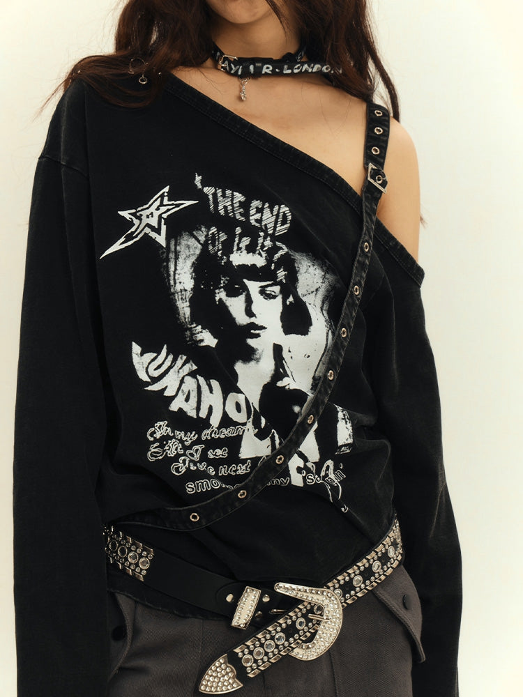 Punk Y2K Black Asymmetrical Cutout Shoulder Top