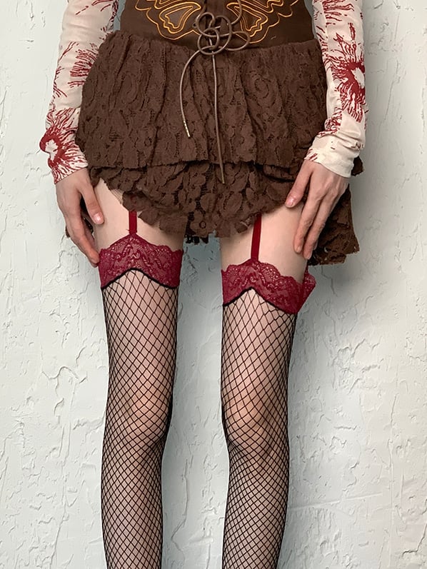 Red&Black Y2K Fishnet Design Lace Trim Suspender Stockings