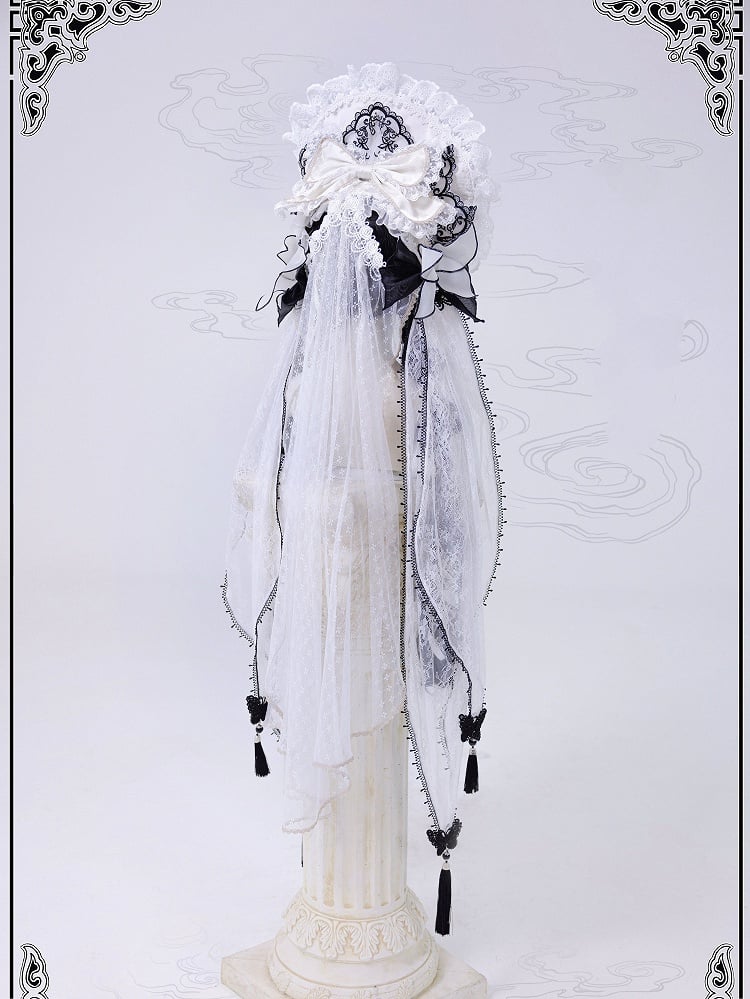 White and Black Bonnet with Detachable Veil